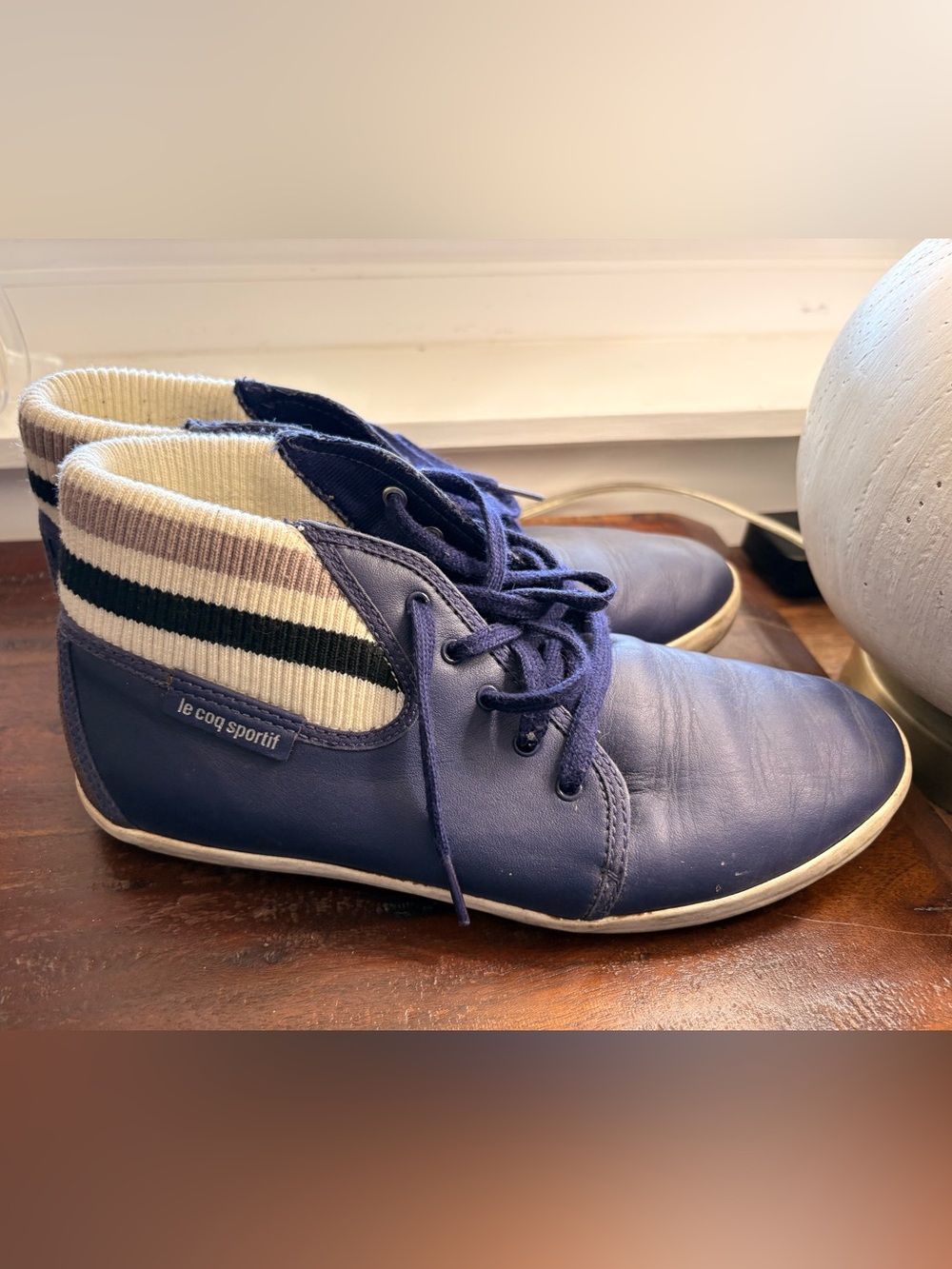 Le Coq Sportif Navy Blue High-Top Sneakers with Cream Ribbed Cuff